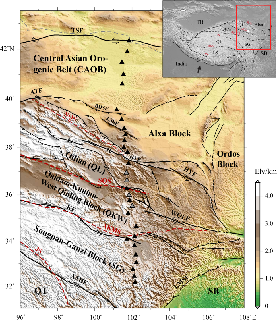 图1. 青藏高原东北缘地质构造图和地震台站分布.png